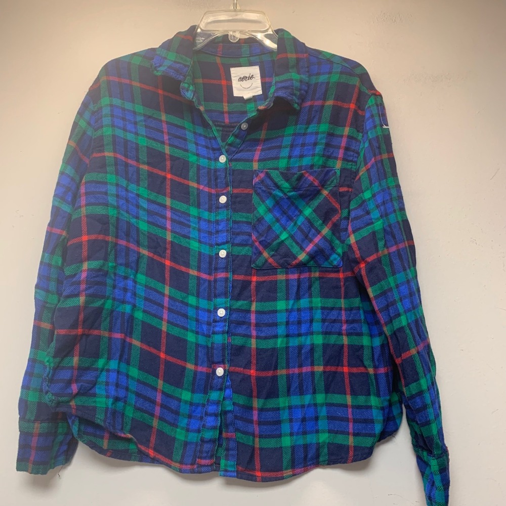 Aerie Flannel Button Down Women Small Blue Green Red Excellent Plaid Long Sleeve